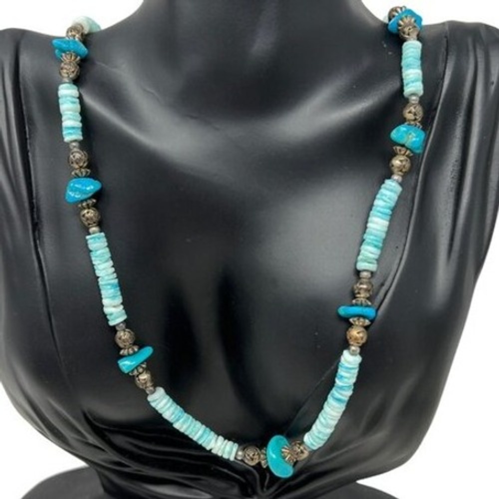 Blue Stone Necklace Silver Tone Beads Southwestern Style Beads‎
